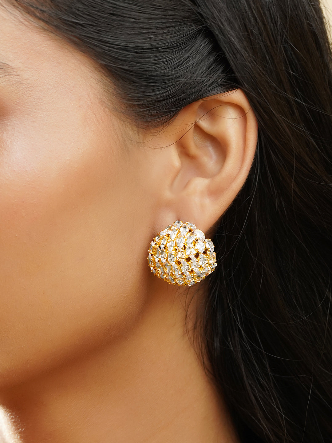 Rubans 18K Gold-Plated Brass Cubic Zirconia Embellished Dome Stud Earrings フリーサイズ