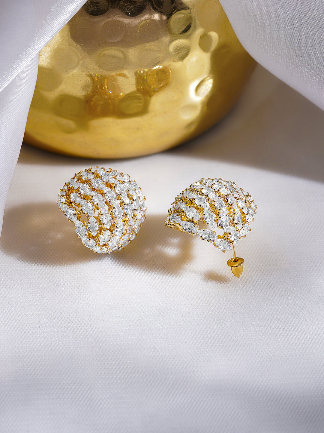 Rubans 18K Gold-Plated Brass Cubic Zirconia Embellished Dome Stud Earrings フリーサイズ