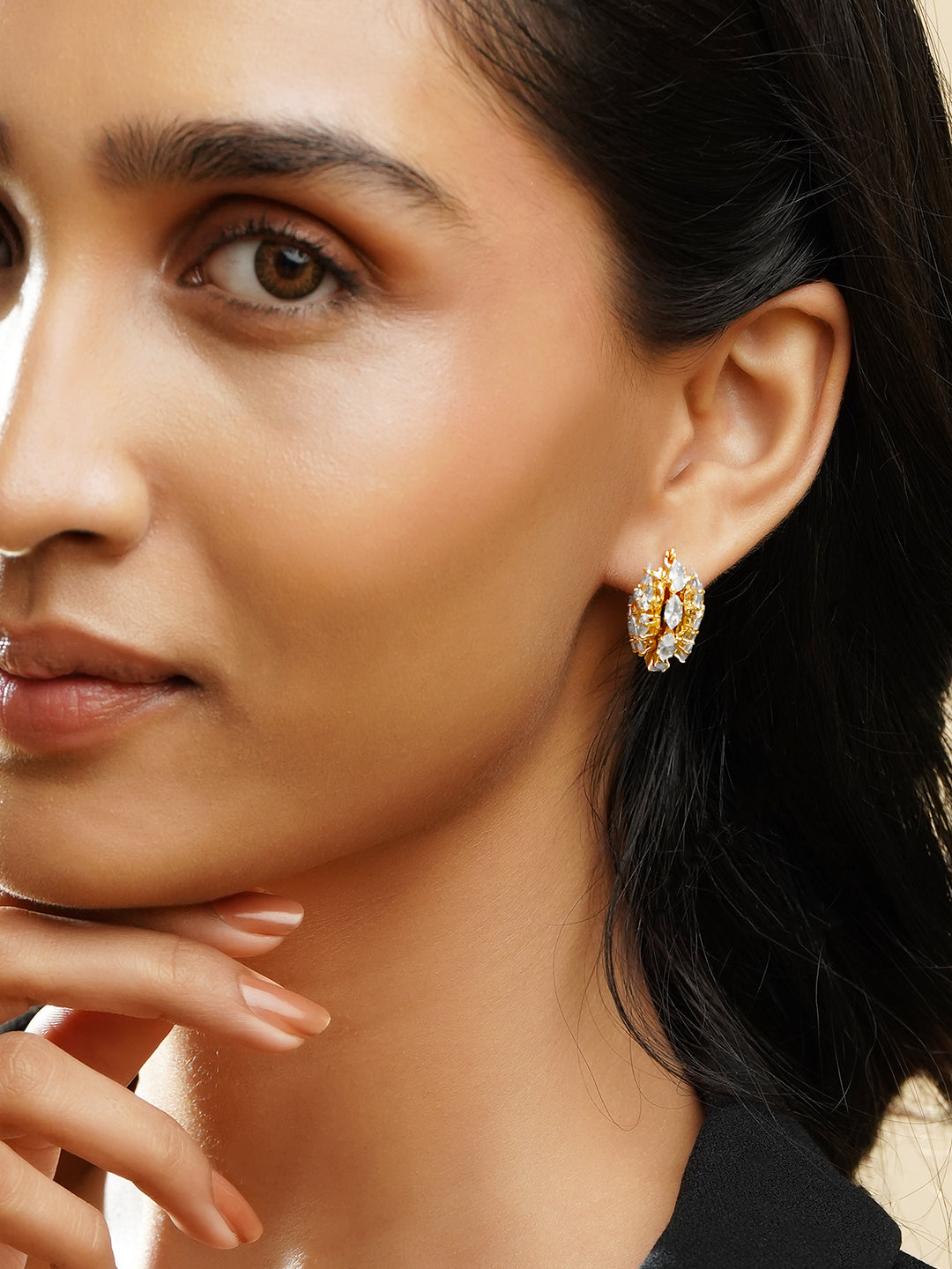 Rubans 18K Gold Plated Brass Clustered Crystal Zirconia Hoop Earrings フリーサイズ