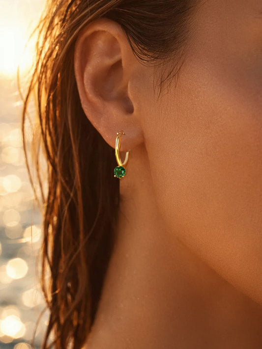 Demi Fine 18K Gold Plated Stainless steel Minimal Emerald Drops Hoop Earrings Length - 1.9 cm