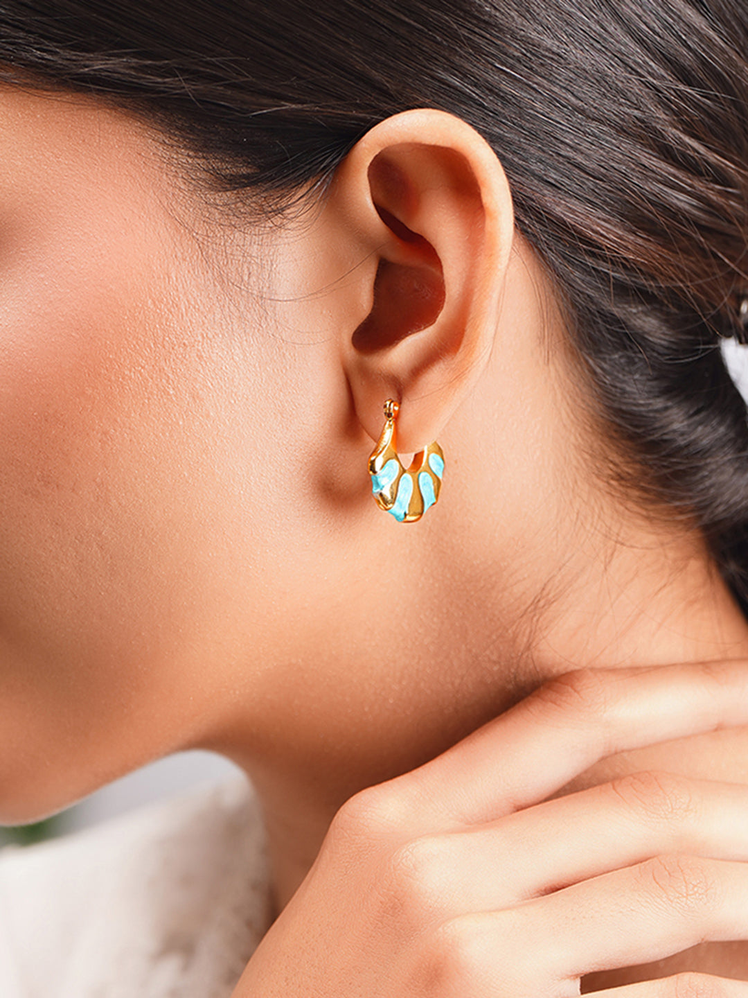 Demi Fine 18K Gold Plated Stainless steel Turquoise Enamel Pattern Hoops Earrings フリーサイズ