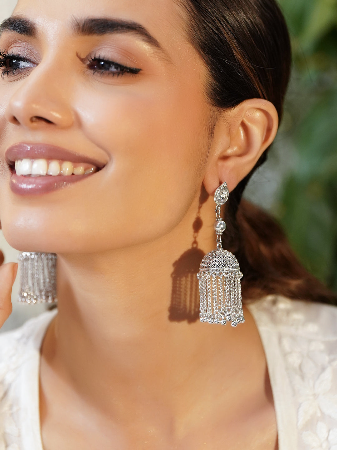 Oxidised Dome Jhumkas with Chain Tassels フリーサイズ