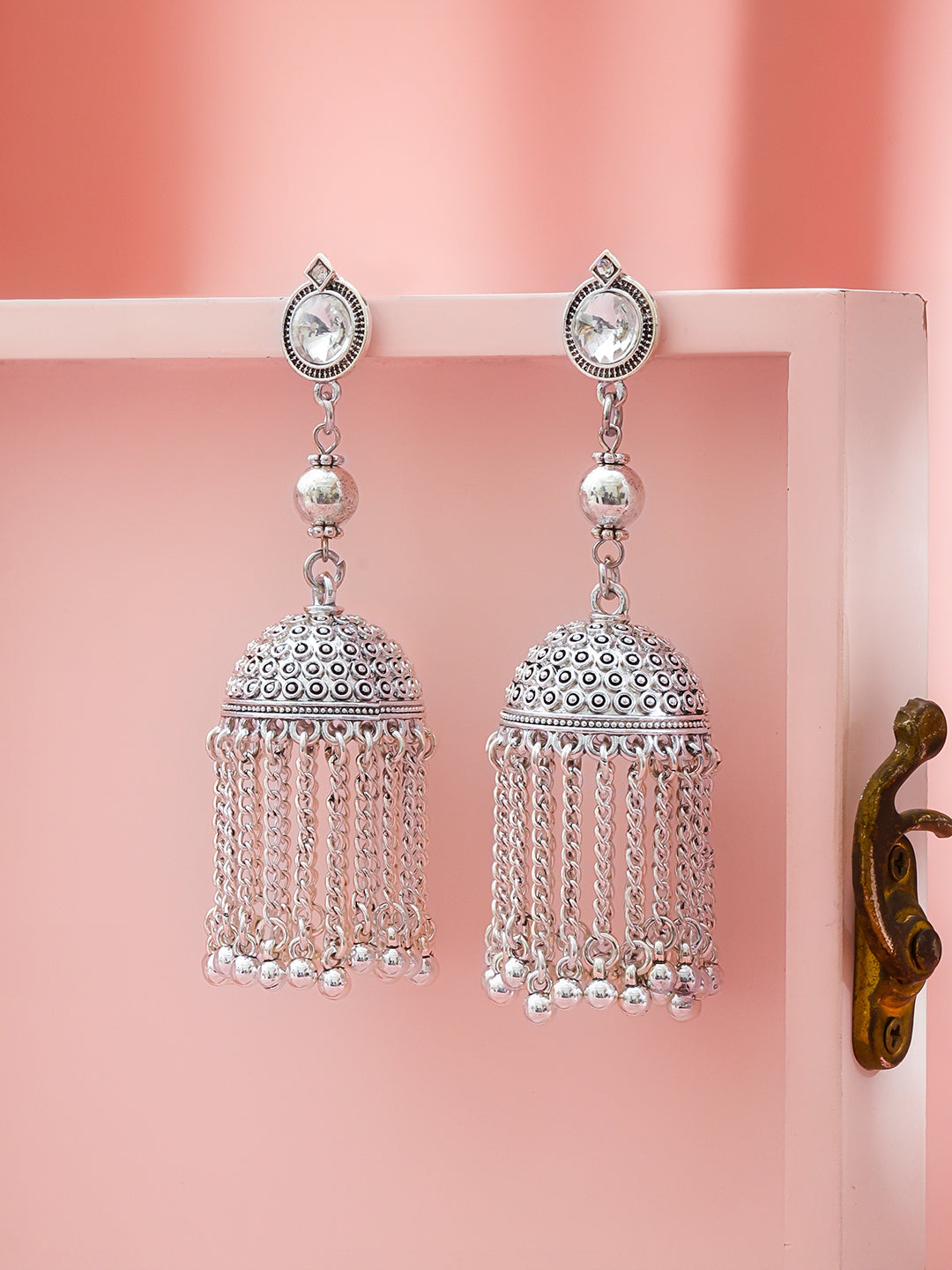Oxidised Dome Jhumkas with Chain Tassels フリーサイズ