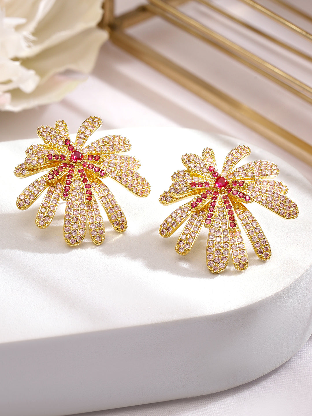 Floral Firework Red-Pink Glam Gold Studs Pink & Red