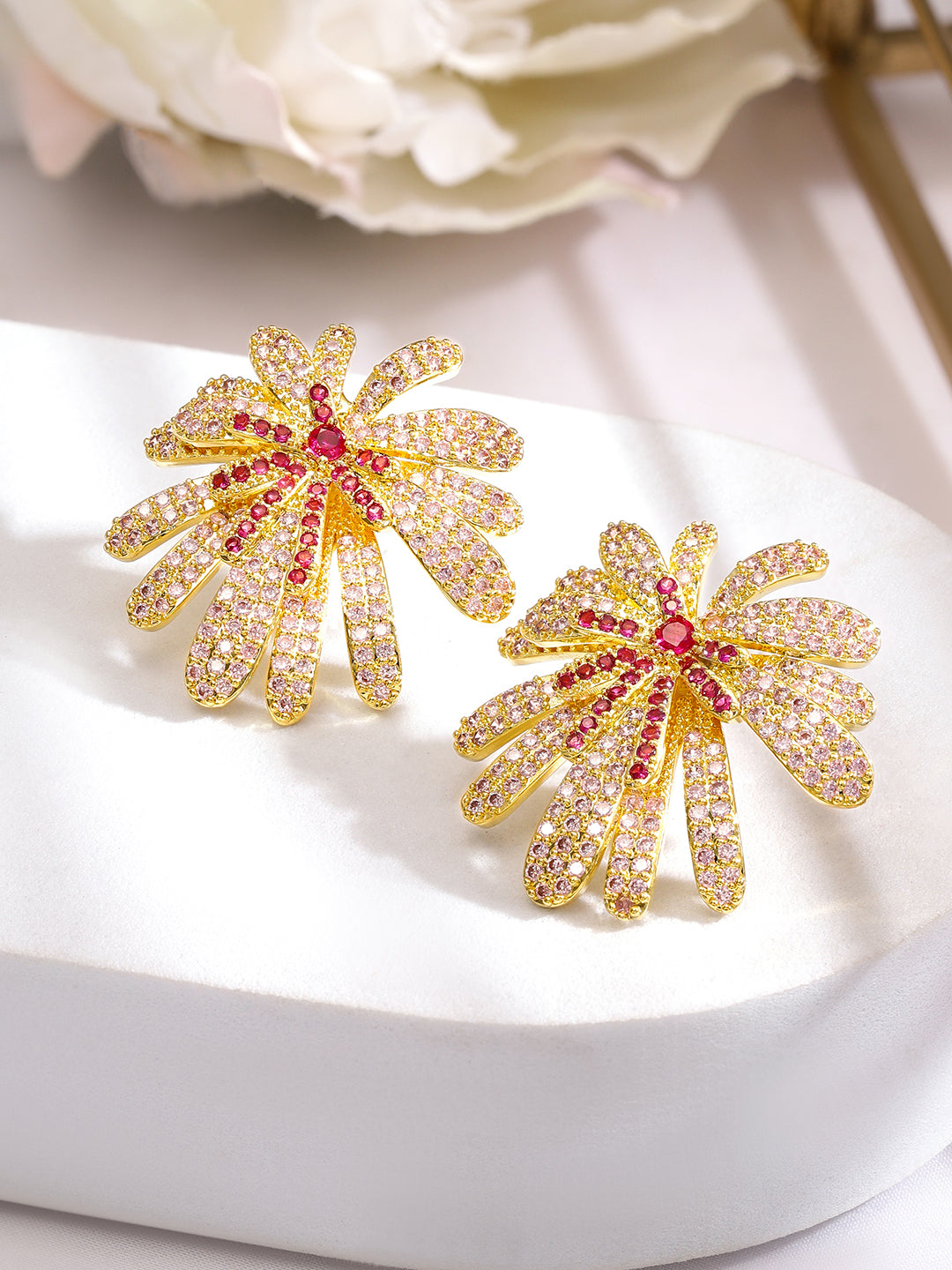 Floral Firework Red-Pink Glam Gold Studs Pink & Red