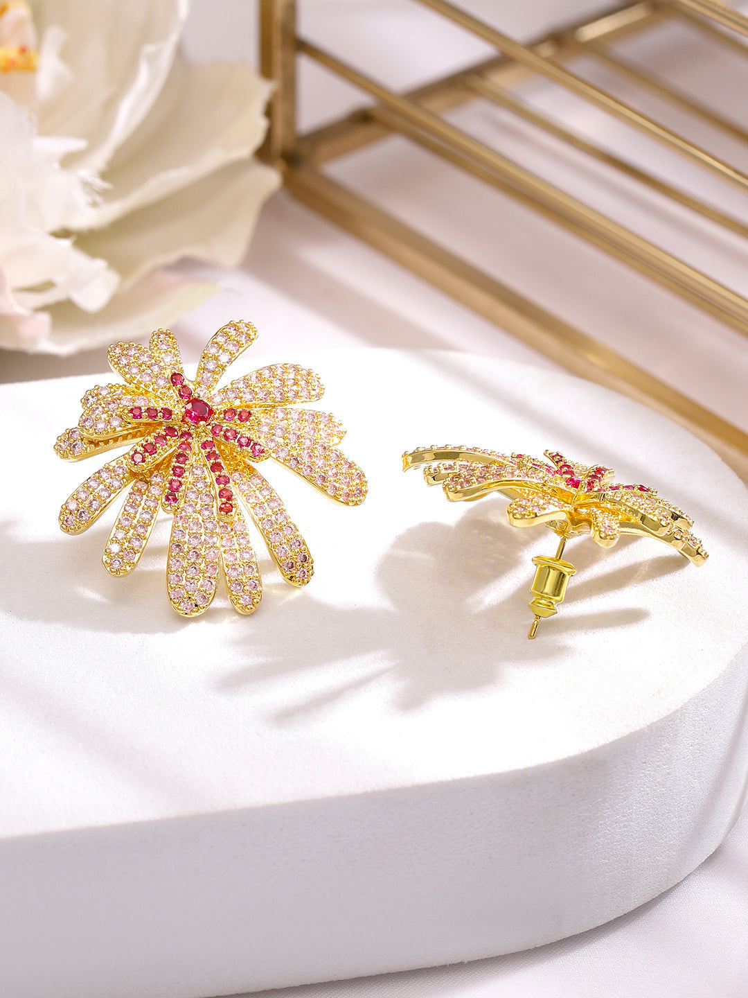 Floral Firework Red-Pink Glam Gold Studs Pink & Red