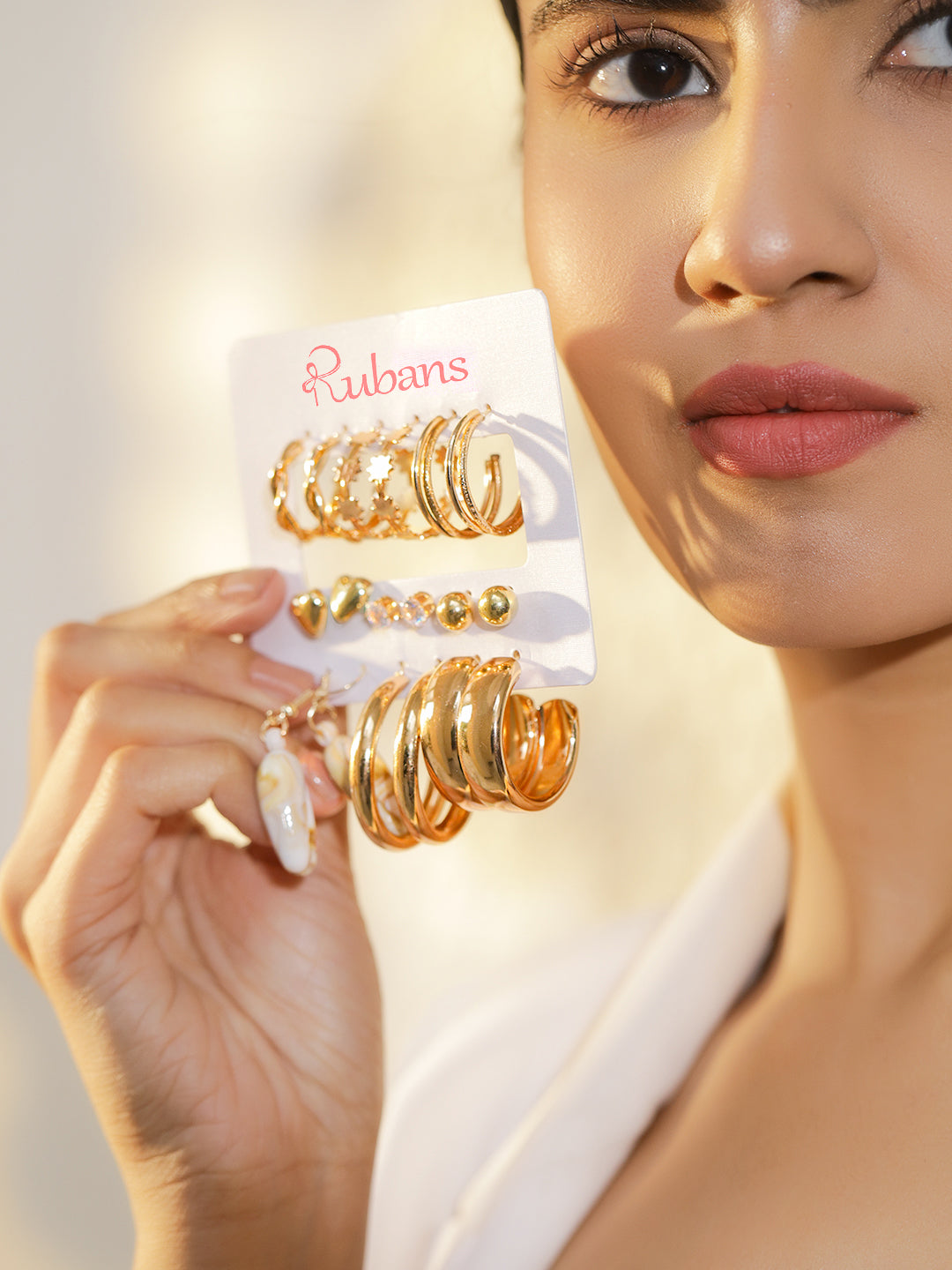 Gold Toned Hoop & Stud Earrings Pack of 9 フリーサイズ
