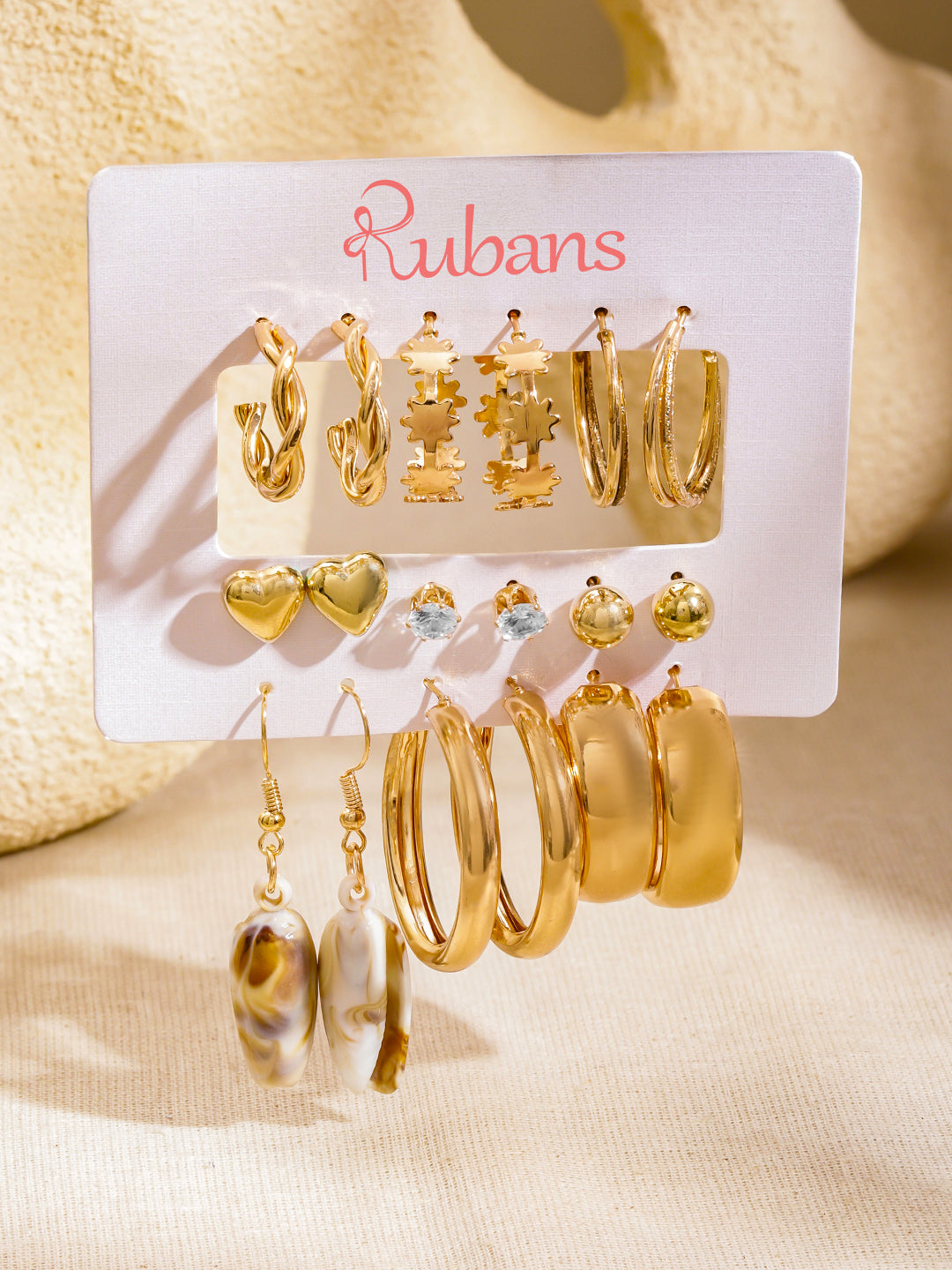 Gold Toned Hoop & Stud Earrings Pack of 9 フリーサイズ