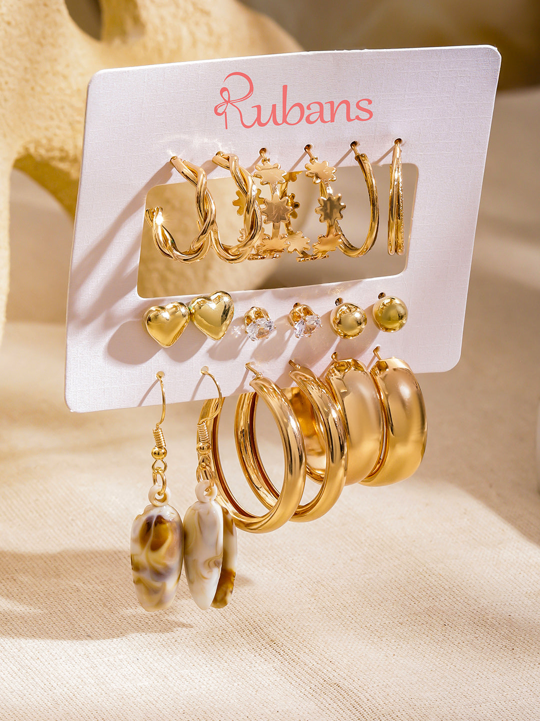 Gold Toned Hoop & Stud Earrings Pack of 9 フリーサイズ
