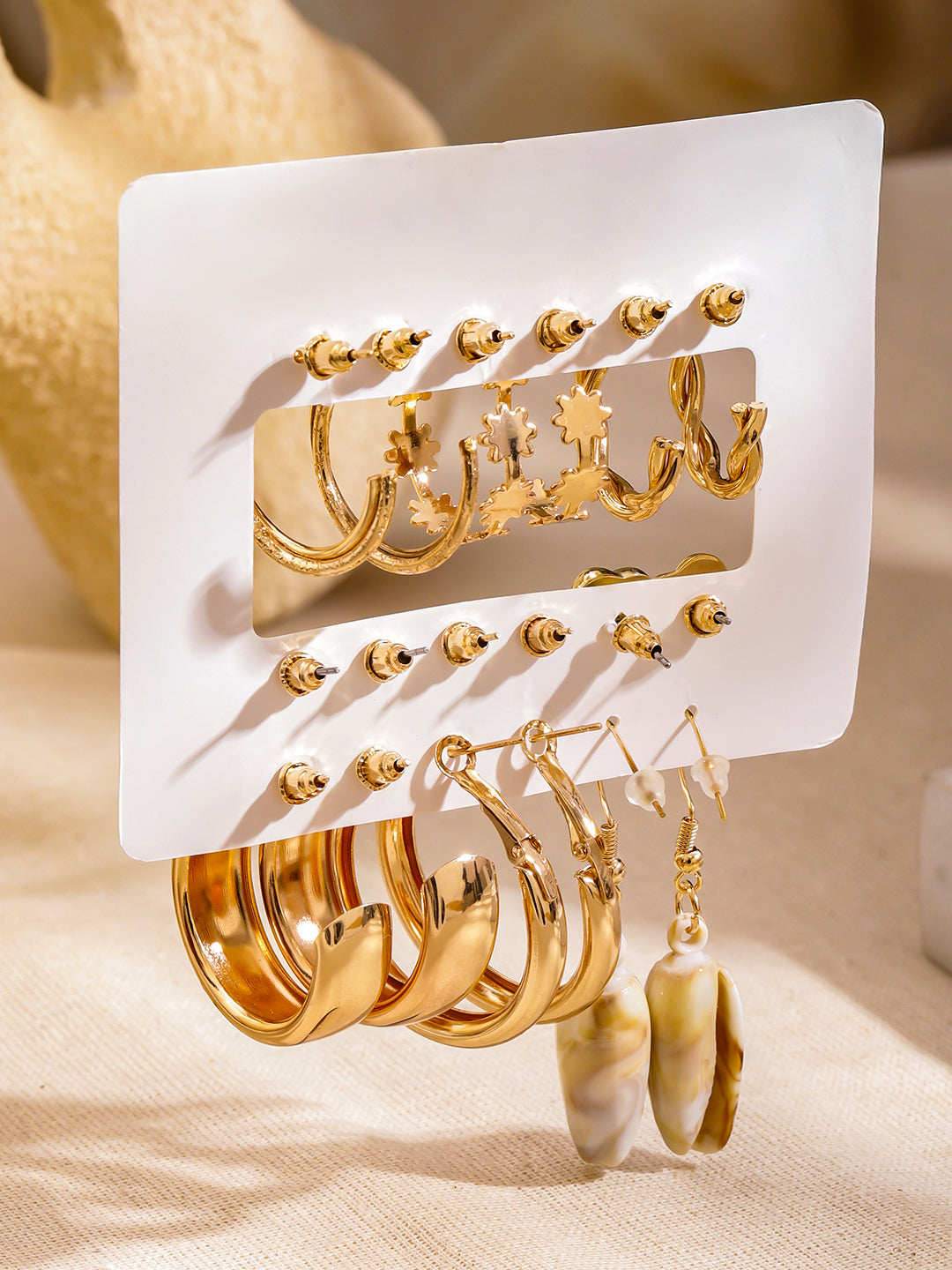 Gold Toned Hoop & Stud Earrings Pack of 9 フリーサイズ