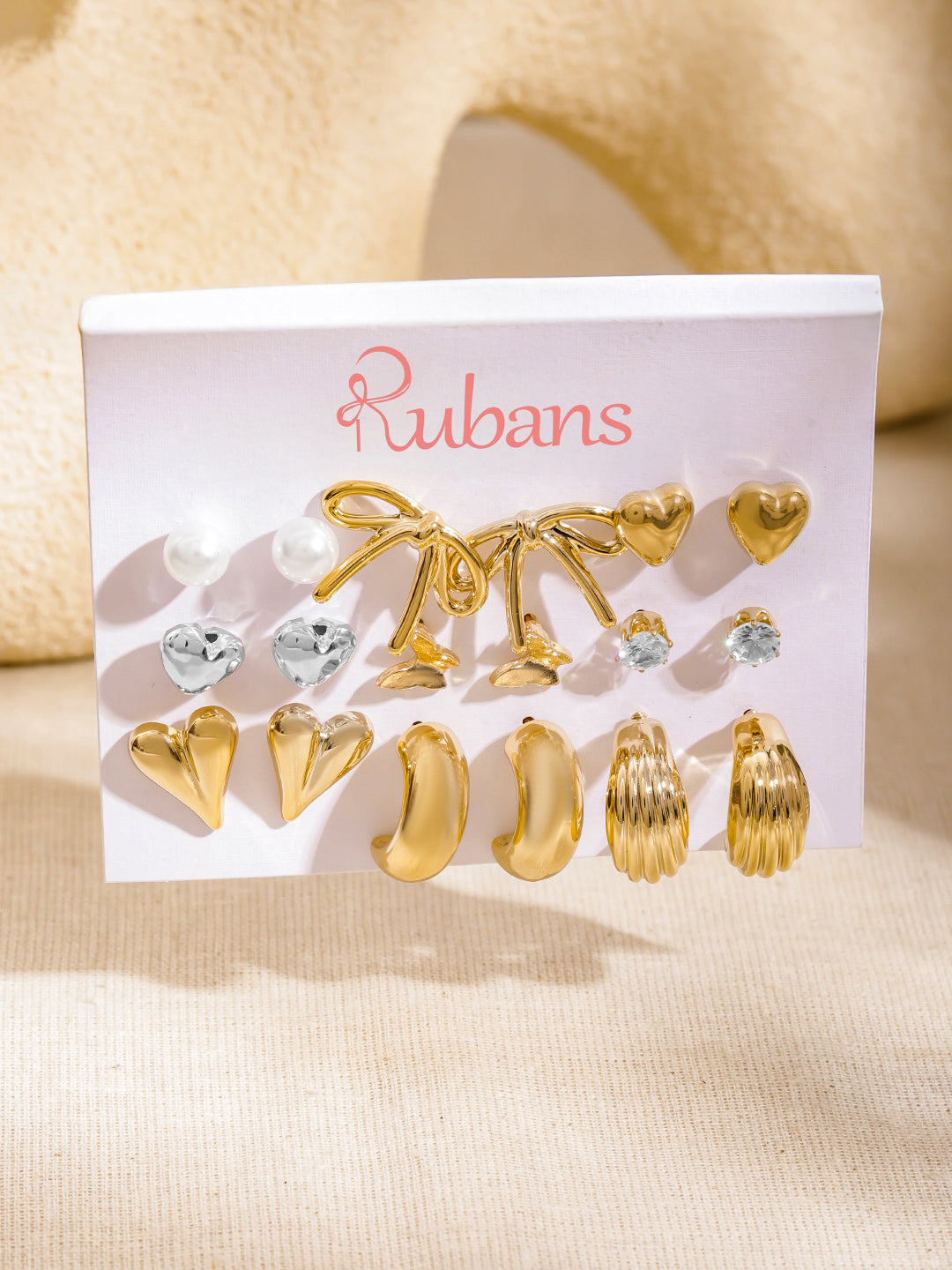 Rubans Set of 9 18K Gold-Plated Bow, Heart, Pearl & Crystal Stud & Bold Hoop Earrings フリーサイズ