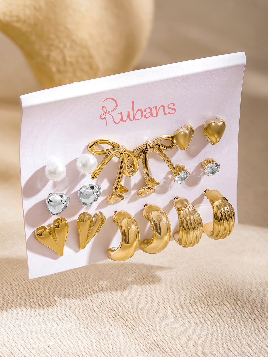 Rubans Set of 9 18K Gold-Plated Bow, Heart, Pearl & Crystal Stud & Bold Hoop Earrings フリーサイズ