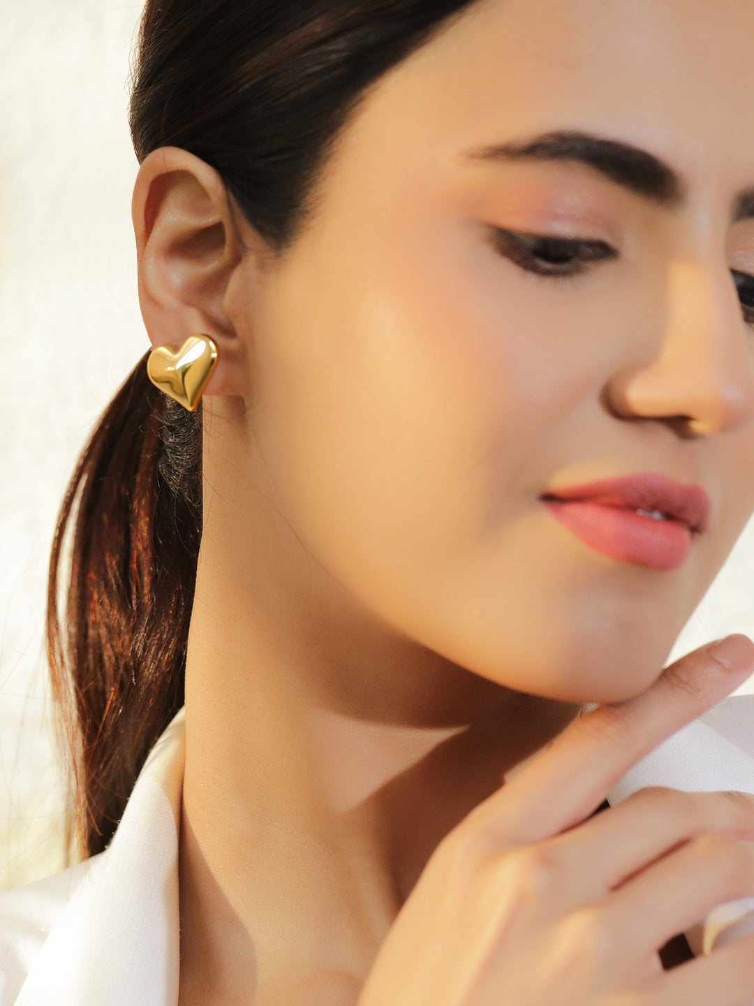 Rubans Set of 3 18K Gold-Plated Brass Earrings with Polished Heart & Crystal Studs フリーサイズ