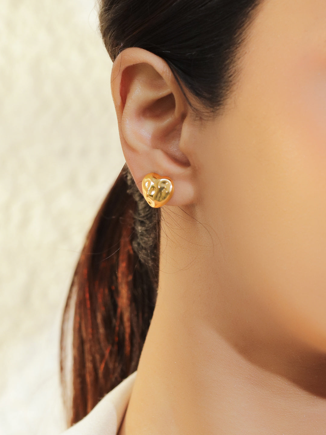 Rubans Set of 3 18K Gold-Plated Brass Earrings with Polished Heart & Crystal Studs フリーサイズ