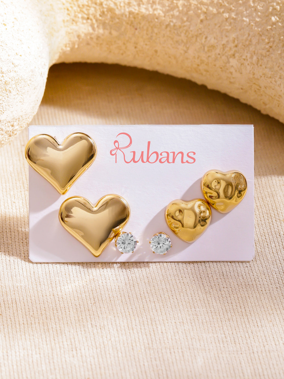Rubans Set of 3 18K Gold-Plated Brass Earrings with Polished Heart & Crystal Studs フリーサイズ