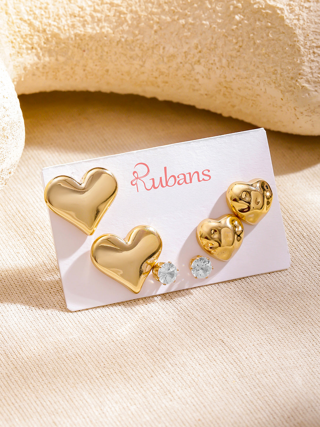 Rubans Set of 3 18K Gold-Plated Brass Earrings with Polished Heart & Crystal Studs フリーサイズ
