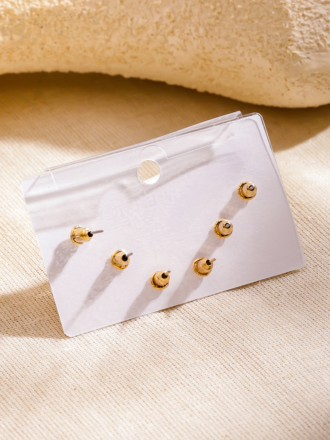 Rubans Set of 3 18K Gold-Plated Brass Earrings with Polished Heart & Crystal Studs フリーサイズ