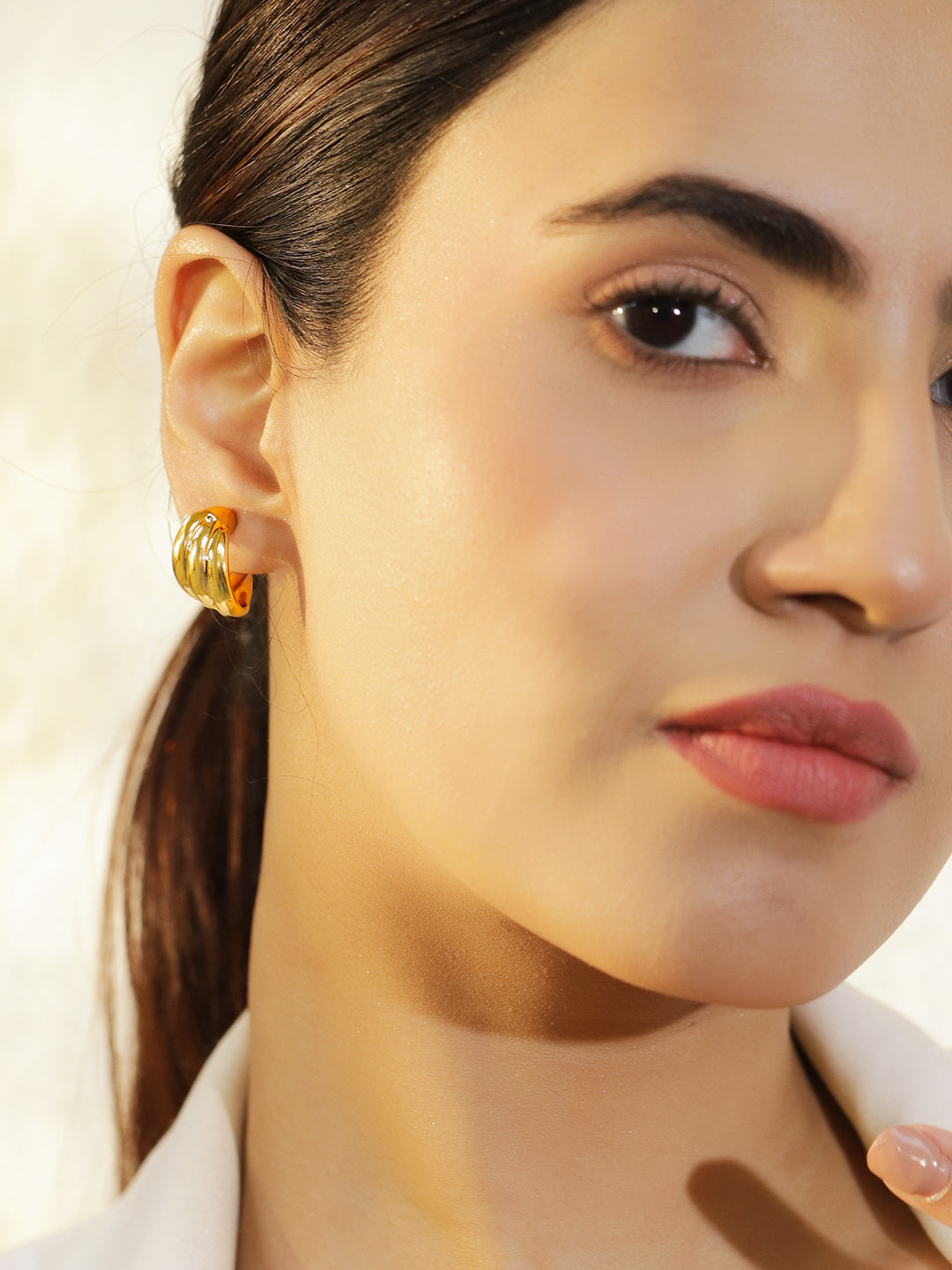 Rubans Set of 3 18K Gold-Plated Tear-Drop & Textured Hoop Bold Statement Earrings フリーサイズ
