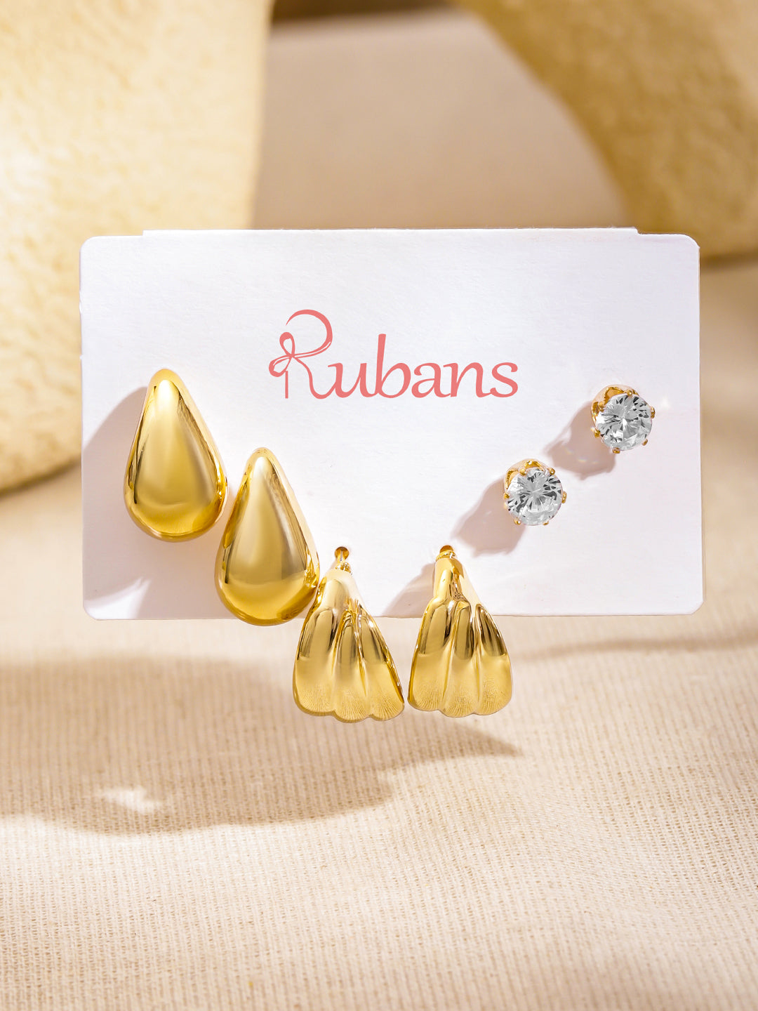 Rubans Set of 3 18K Gold-Plated Tear-Drop & Textured Hoop Bold Statement Earrings フリーサイズ