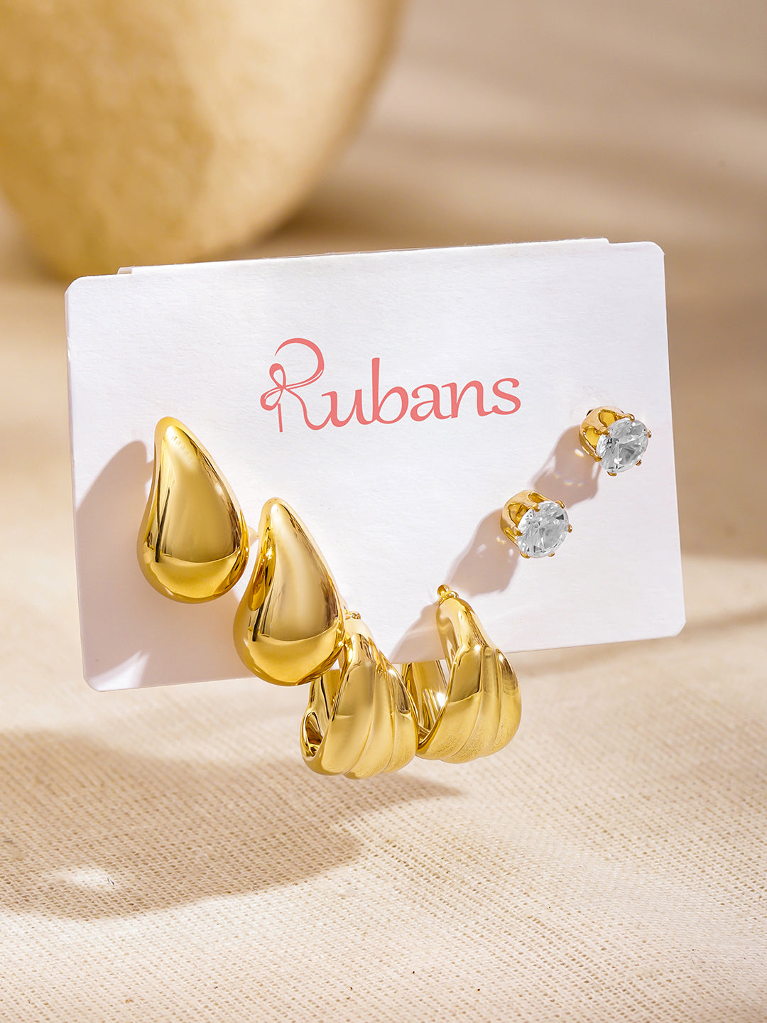 Rubans Set of 3 18K Gold-Plated Tear-Drop & Textured Hoop Bold Statement Earrings フリーサイズ