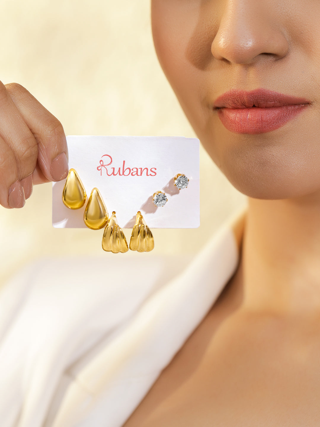 Rubans Set of 3 18K Gold-Plated Tear-Drop & Textured Hoop Bold Statement Earrings フリーサイズ