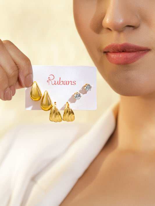 Rubans Set of 3 18K Gold-Plated Tear-Drop & Textured Hoop Bold Statement Earrings フリーサイズ