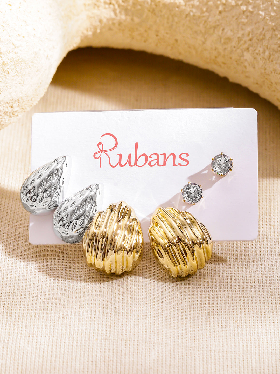 Rubans Set of 3 18K Gold & Rhodium-Plated Textured Tear-Drop & Crystal Stud Earrings フリーサイズ