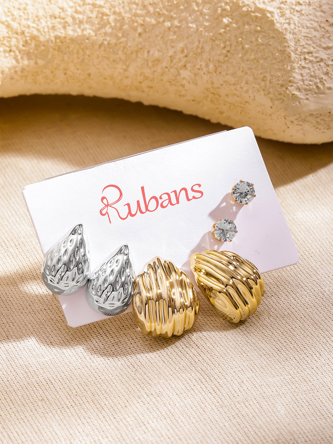 Rubans Set of 3 18K Gold & Rhodium-Plated Textured Tear-Drop & Crystal Stud Earrings フリーサイズ