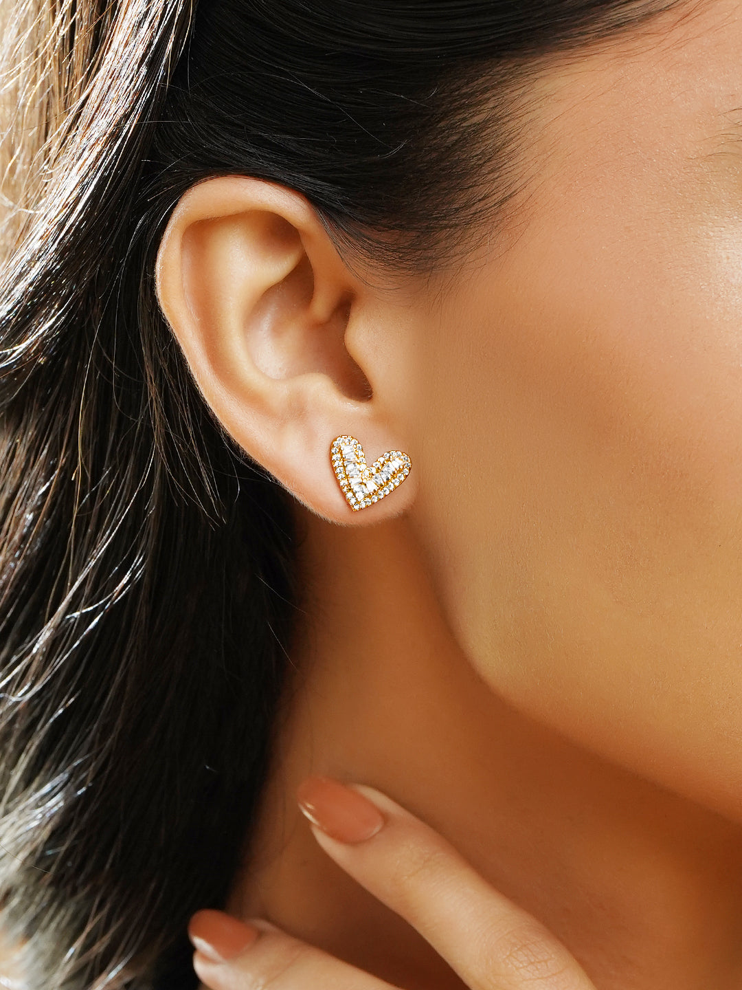 Rubans 18K Gold-Plated Heart-Shaped Sparkling Cubic Zirconia Stud Earrings フリーサイズ