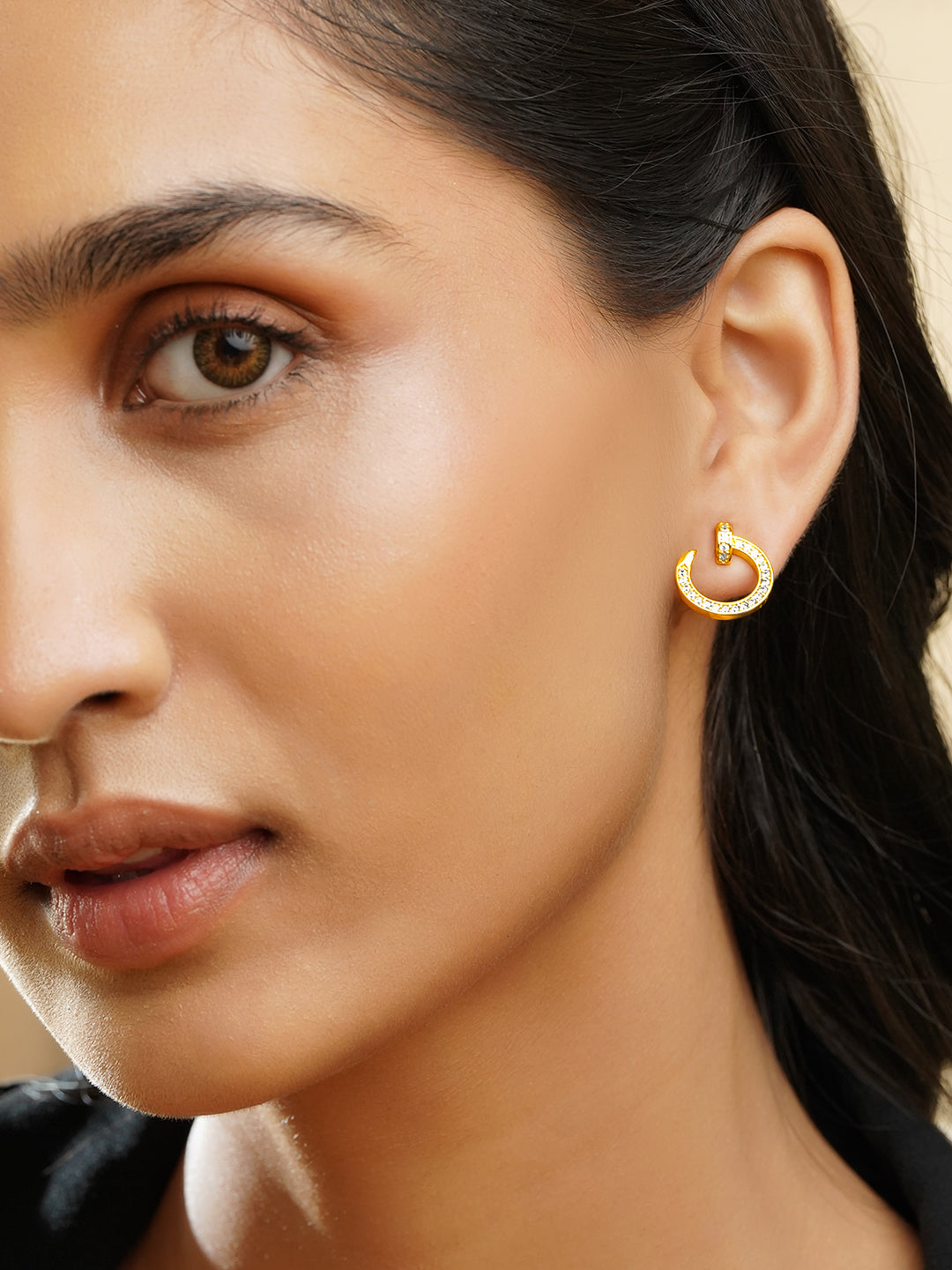 Rubans 18K Gold-Plated Crystal CZ Studded Open Hoop Minimal Stud Earrings フリーサイズ