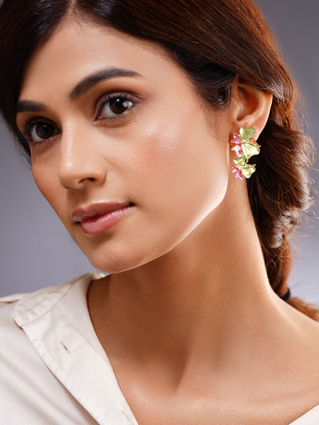 Pastel Pink Green Enamel Butterfly Stud Earrings フリーサイズ