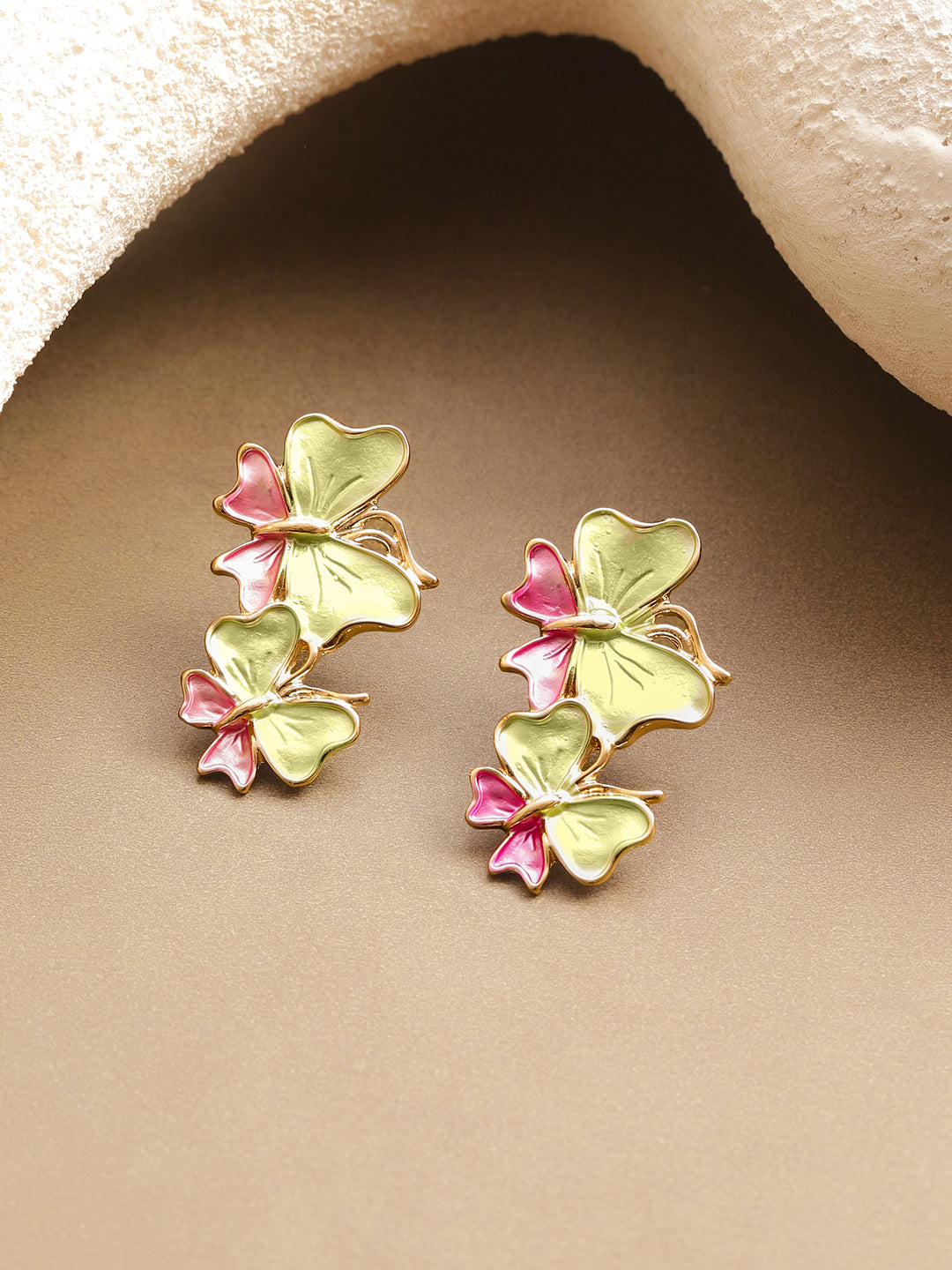 Pastel Pink Green Enamel Butterfly Stud Earrings フリーサイズ