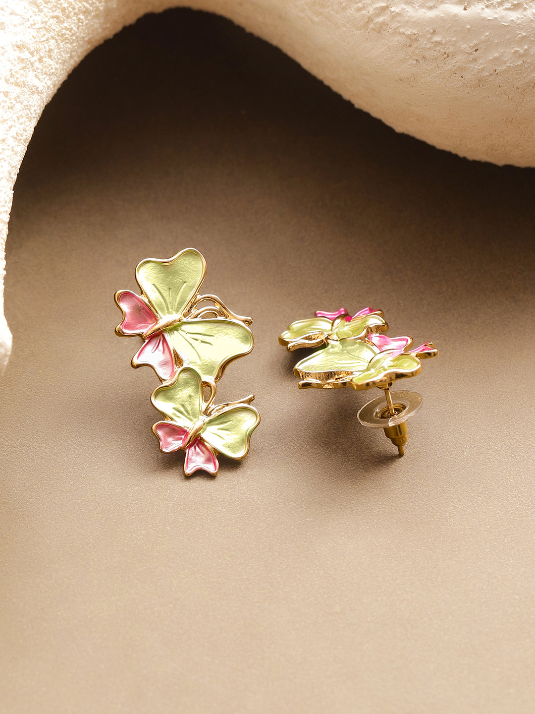 Pastel Pink Green Enamel Butterfly Stud Earrings フリーサイズ
