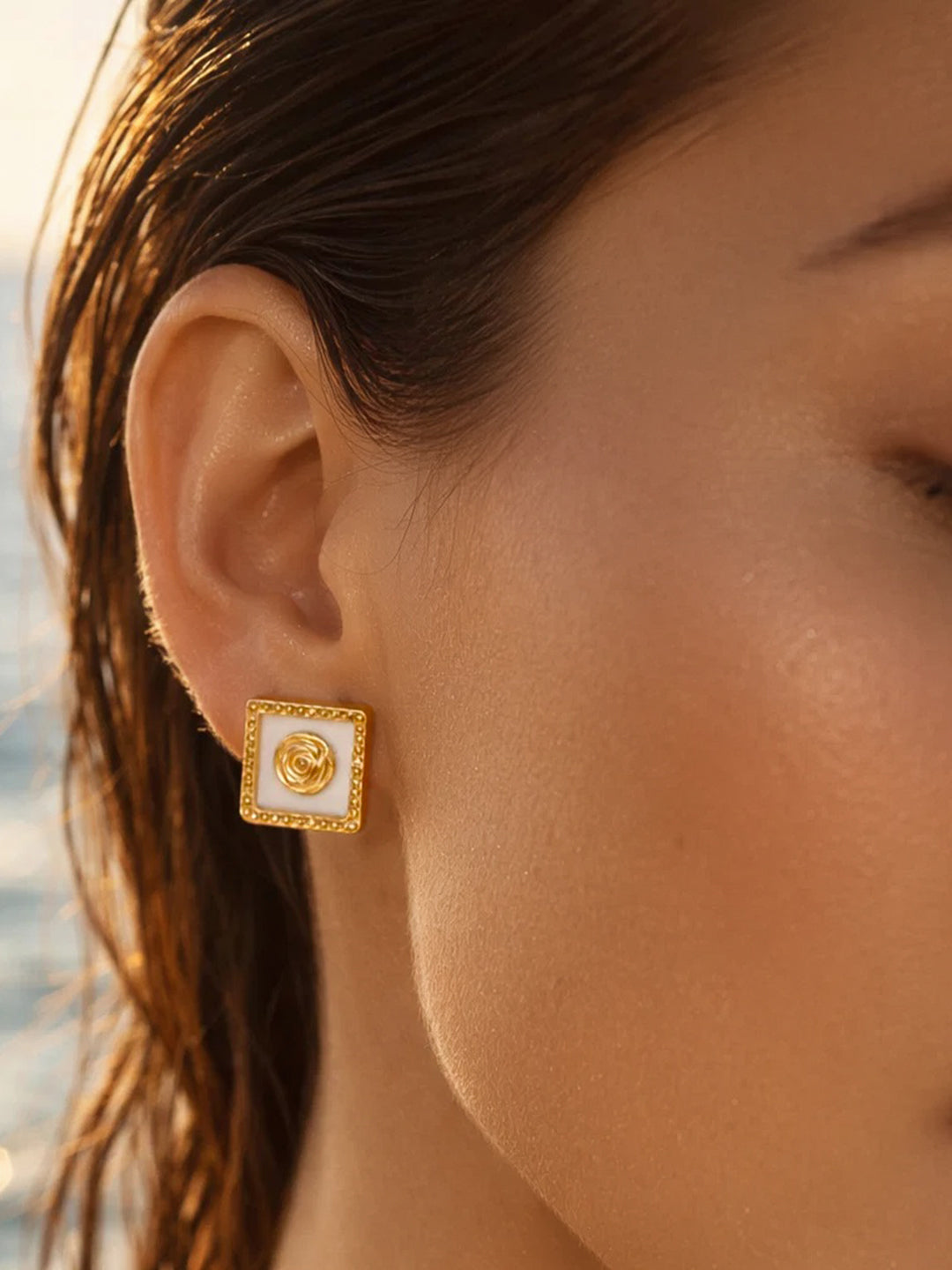 Demi Fine 18K Gold Plated Stainless steel Geometric Rose Stud Earrings Length - 1 cm