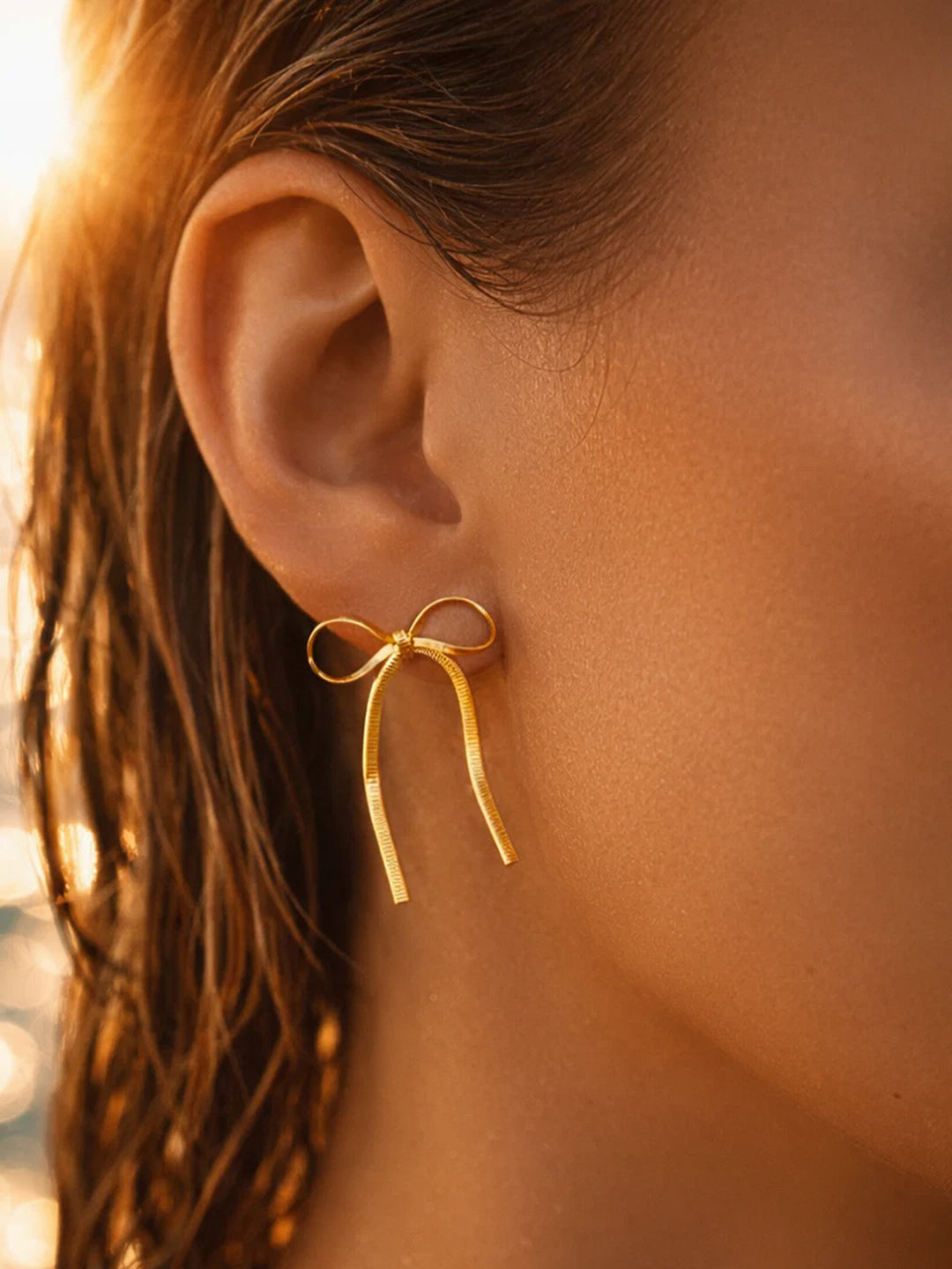 Demi Fine 18K Gold Plated Stainless steel Ribbon Stud Earrings Length - 3.5 cm
