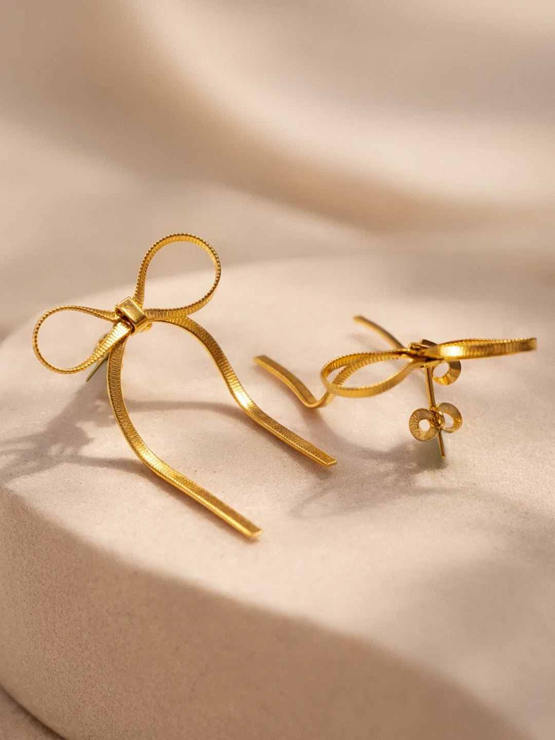 Demi Fine 18K Gold Plated Stainless steel Ribbon Stud Earrings Length - 3.5 cm