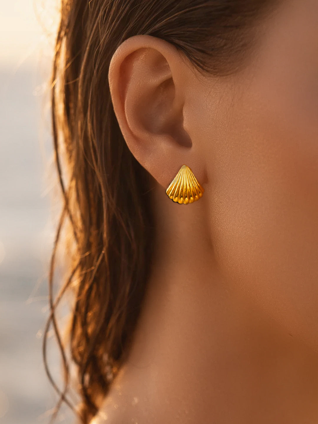 Demi Fine 18K Gold Plated Stainless steel Textured Shell Stud Earrings Length - 1.7 cm