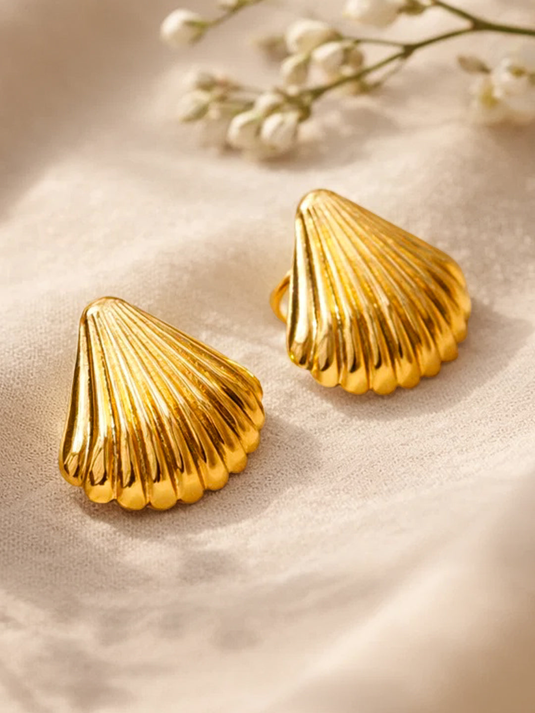 Demi Fine 18K Gold Plated Stainless steel Textured Shell Stud Earrings Length - 1.7 cm