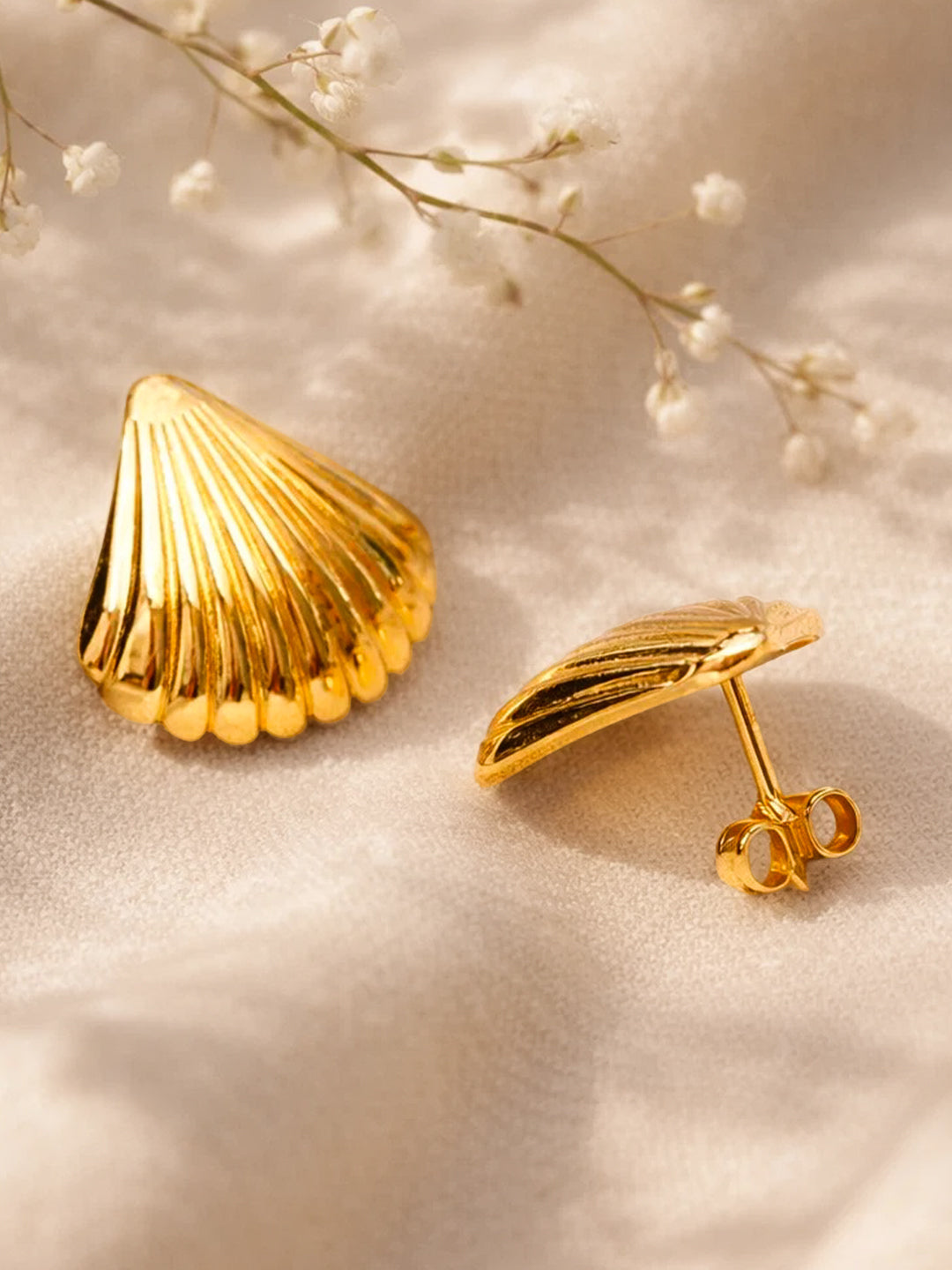 Demi Fine 18K Gold Plated Stainless steel Textured Shell Stud Earrings Length - 1.7 cm