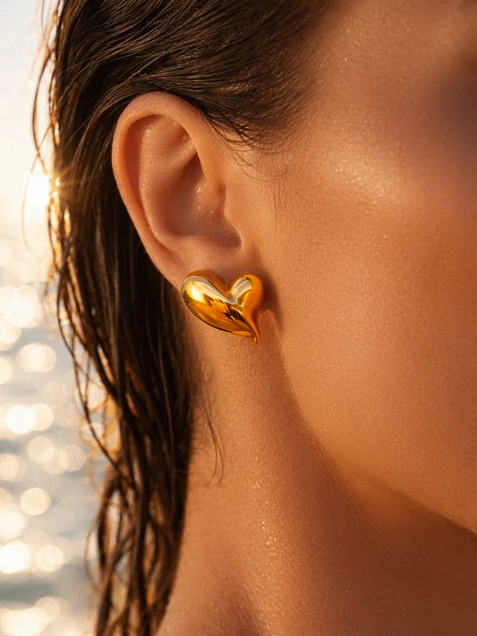 Demi Fine 18K Gold Plated Stainless steel Solid Heart Stud Earrings Length - 3 cm