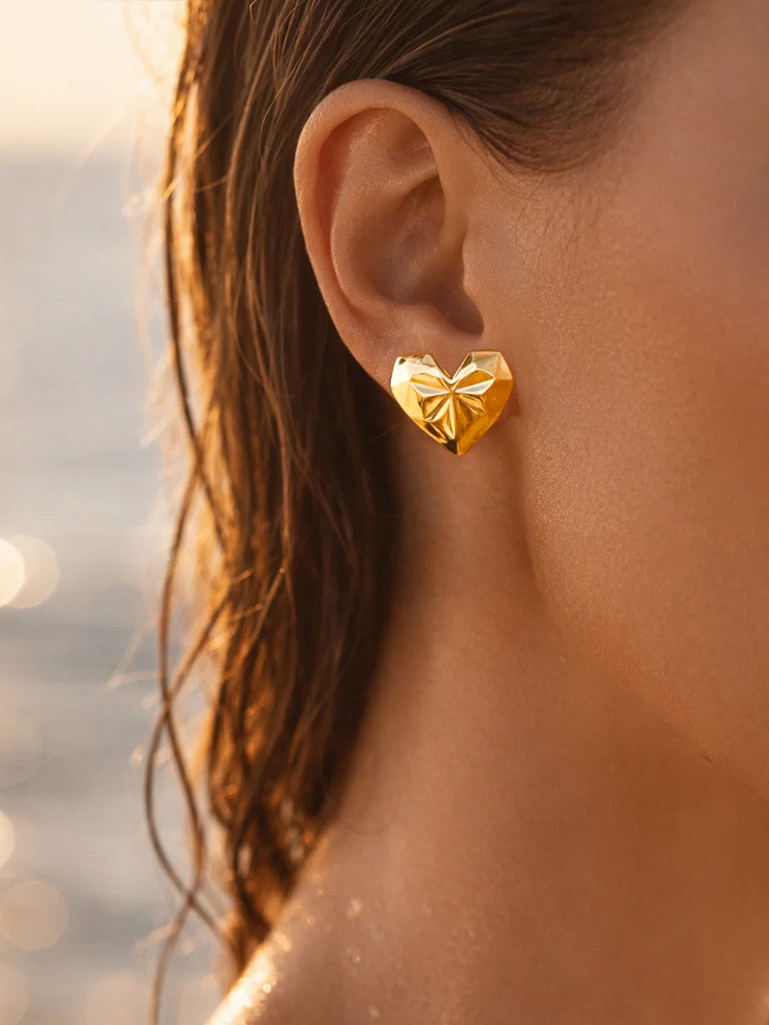 Demi Fine 18K Gold Plated Stainless steel Textured Heart Stud Earrings Length - 2.2 cm