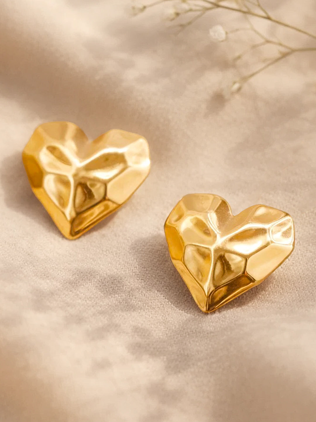 Demi Fine 18K Gold Plated Stainless steel Textured Heart Stud Earrings Length - 2.2 cm