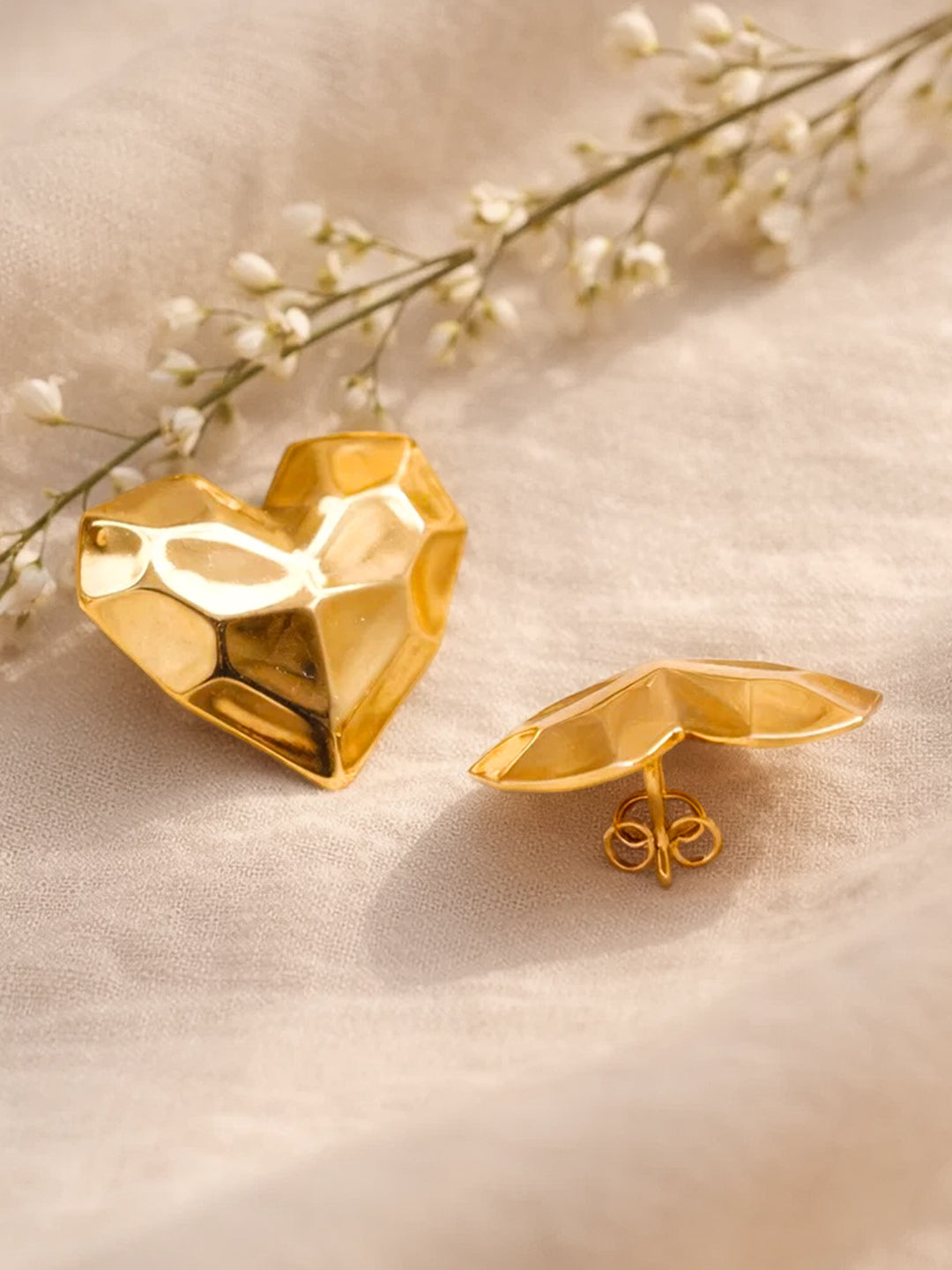 Demi Fine 18K Gold Plated Stainless steel Textured Heart Stud Earrings Length - 2.2 cm