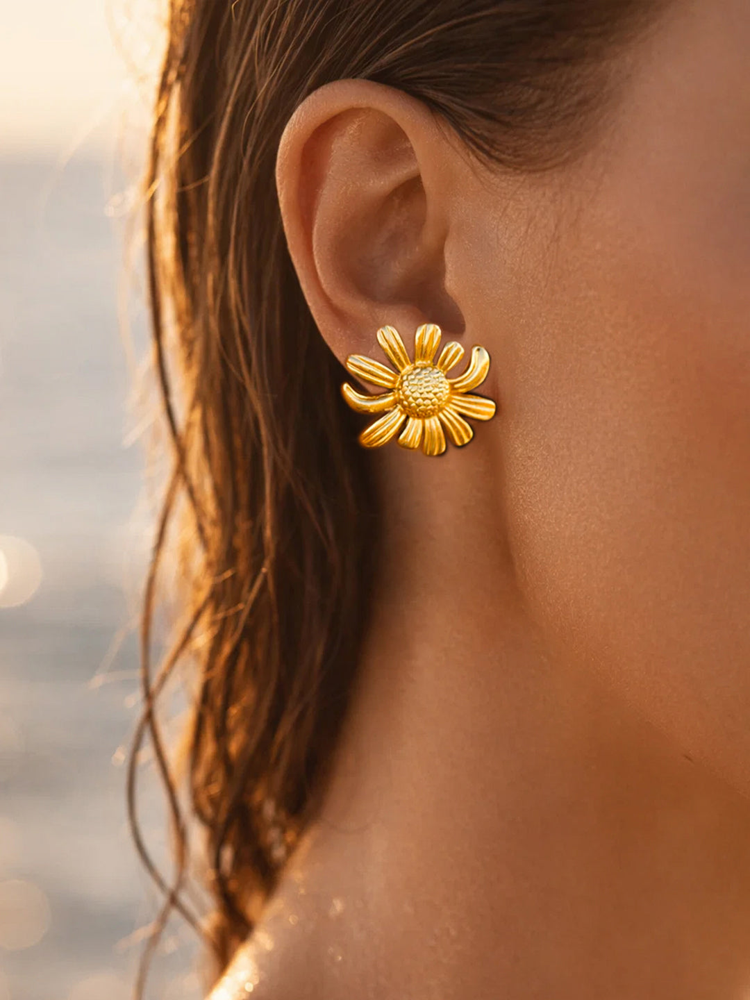 Demi Fine 18K Gold Plated Stainless steel Sunflower Textured Stud Earrings Length - 2.5 cm