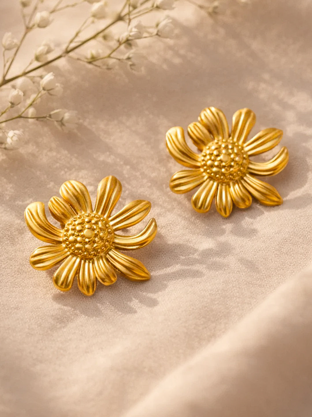 Demi Fine 18K Gold Plated Stainless steel Sunflower Textured Stud Earrings Length - 2.5 cm