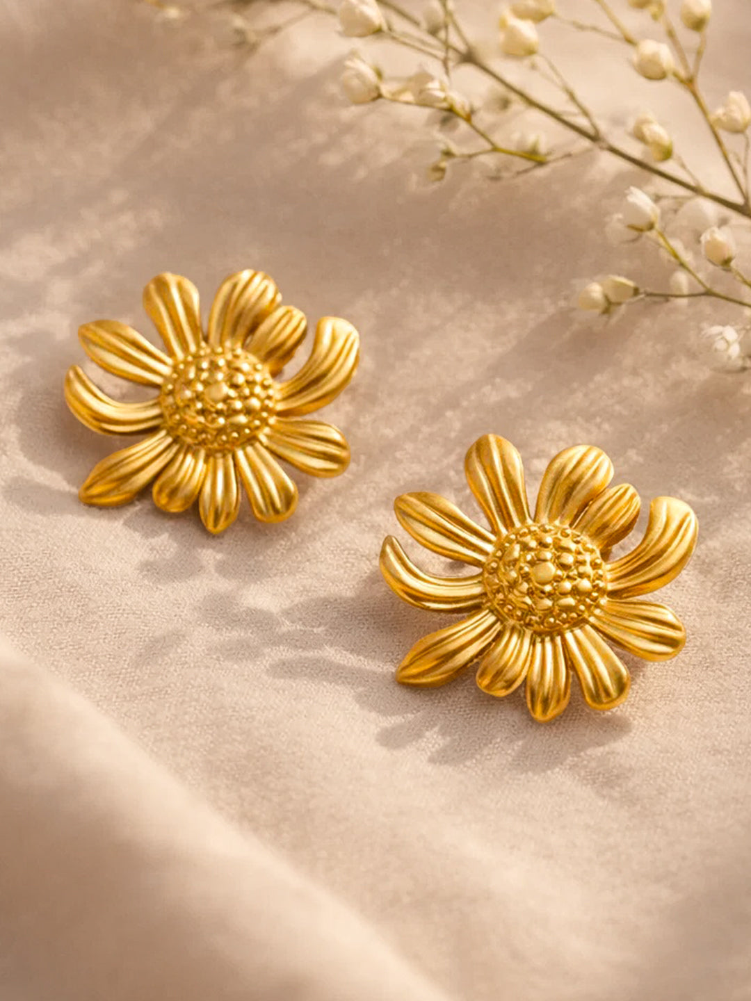 Demi Fine 18K Gold Plated Stainless steel Sunflower Textured Stud Earrings Length - 2.5 cm