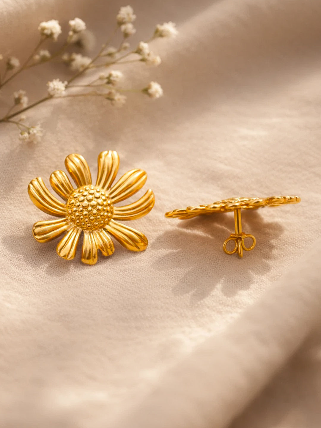 Demi Fine 18K Gold Plated Stainless steel Sunflower Textured Stud Earrings Length - 2.5 cm