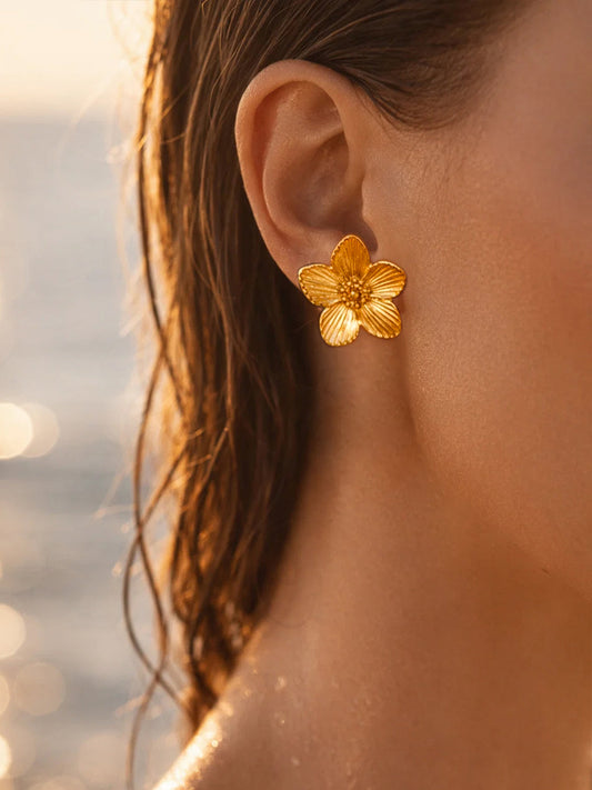 Demi Fine 18K Gold Plated Stainless steel Floral Textured Stud Earrings Length - 3 cm