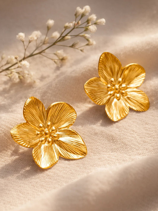 Demi Fine 18K Gold Plated Stainless steel Floral Textured Stud Earrings Length - 3 cm