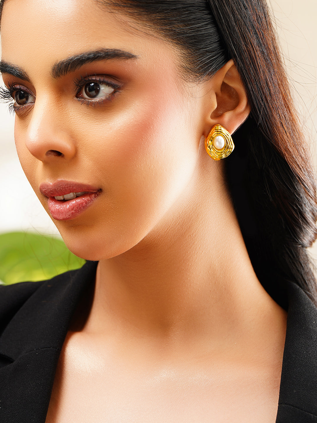 Demi Fine 18K Gold Plated Stainless Steel Abstract Pearl Stud Earrings フリーサイズ
